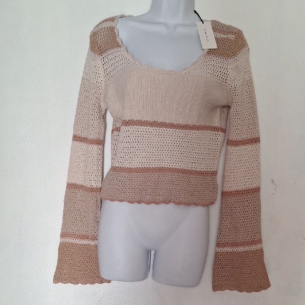 Pink Rose Cream and Brown Striped Scoop Neck Sweater